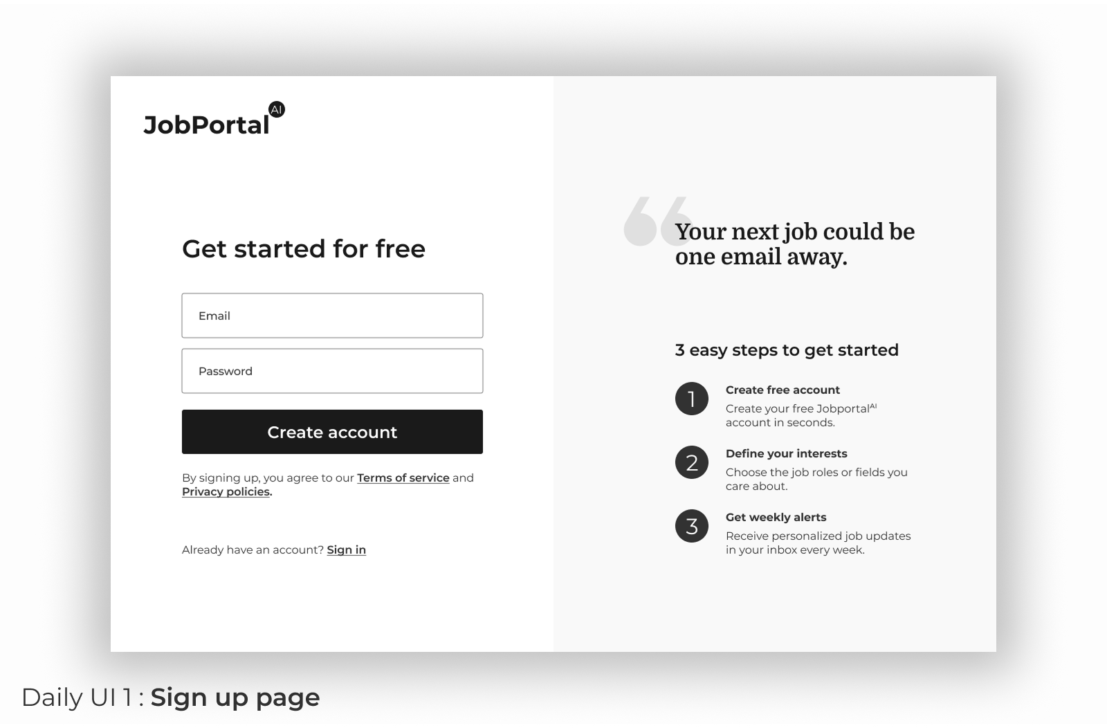 JobPortal - Sign up page accountcreateui ai daily ui design job jobportalai mockup portal registration registrationform search sign up ui signup ui ux web design