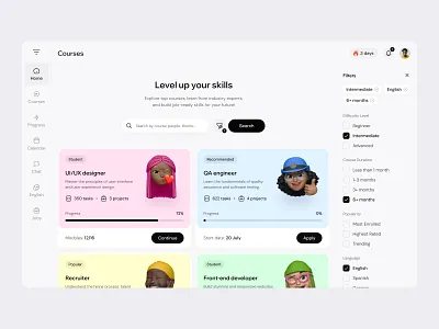 LMS - Dashboard - Online Courses Builder branding clean courses dashboard design filters progress ui user interface ux web