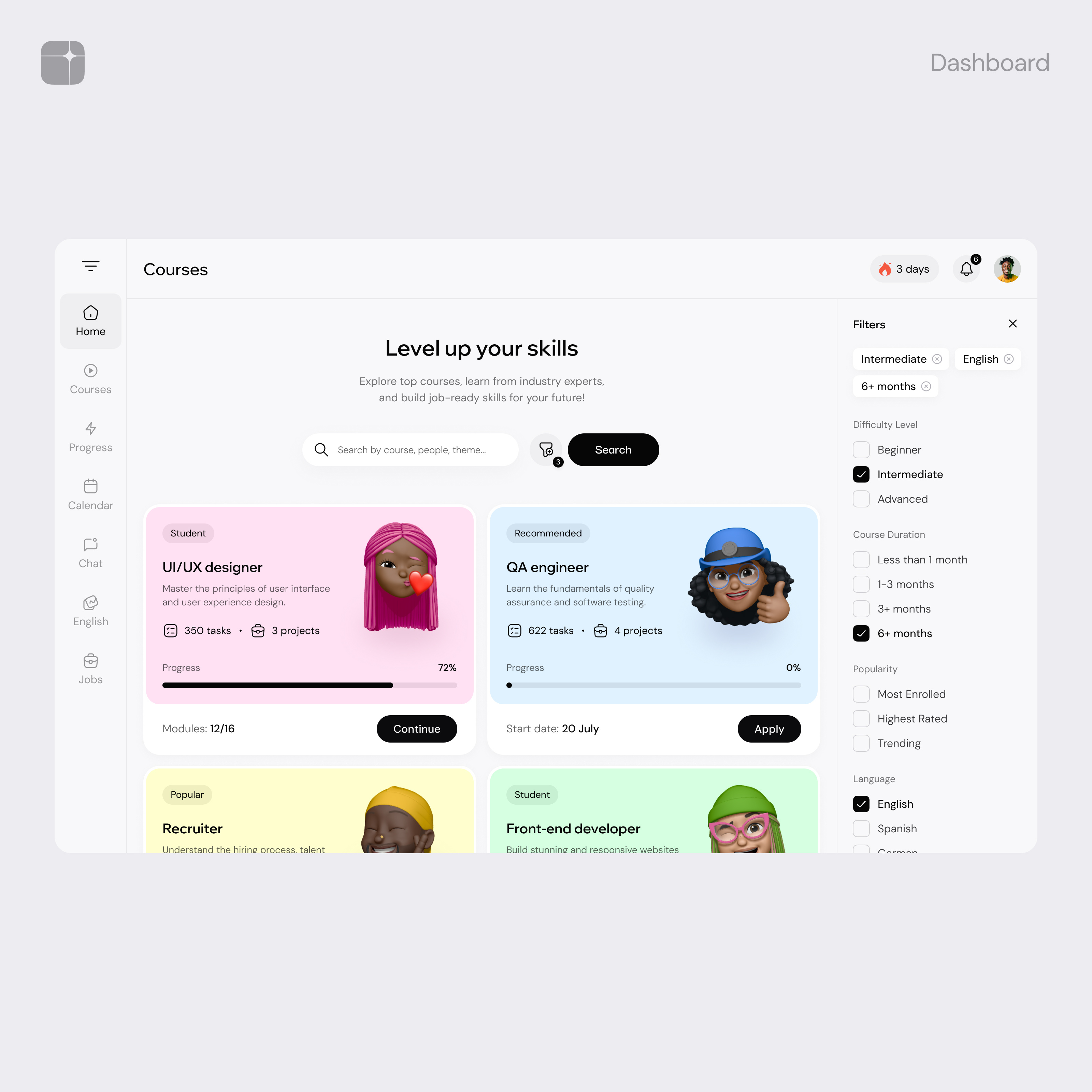 Example of LMS - Dashboard - Online Courses Builder