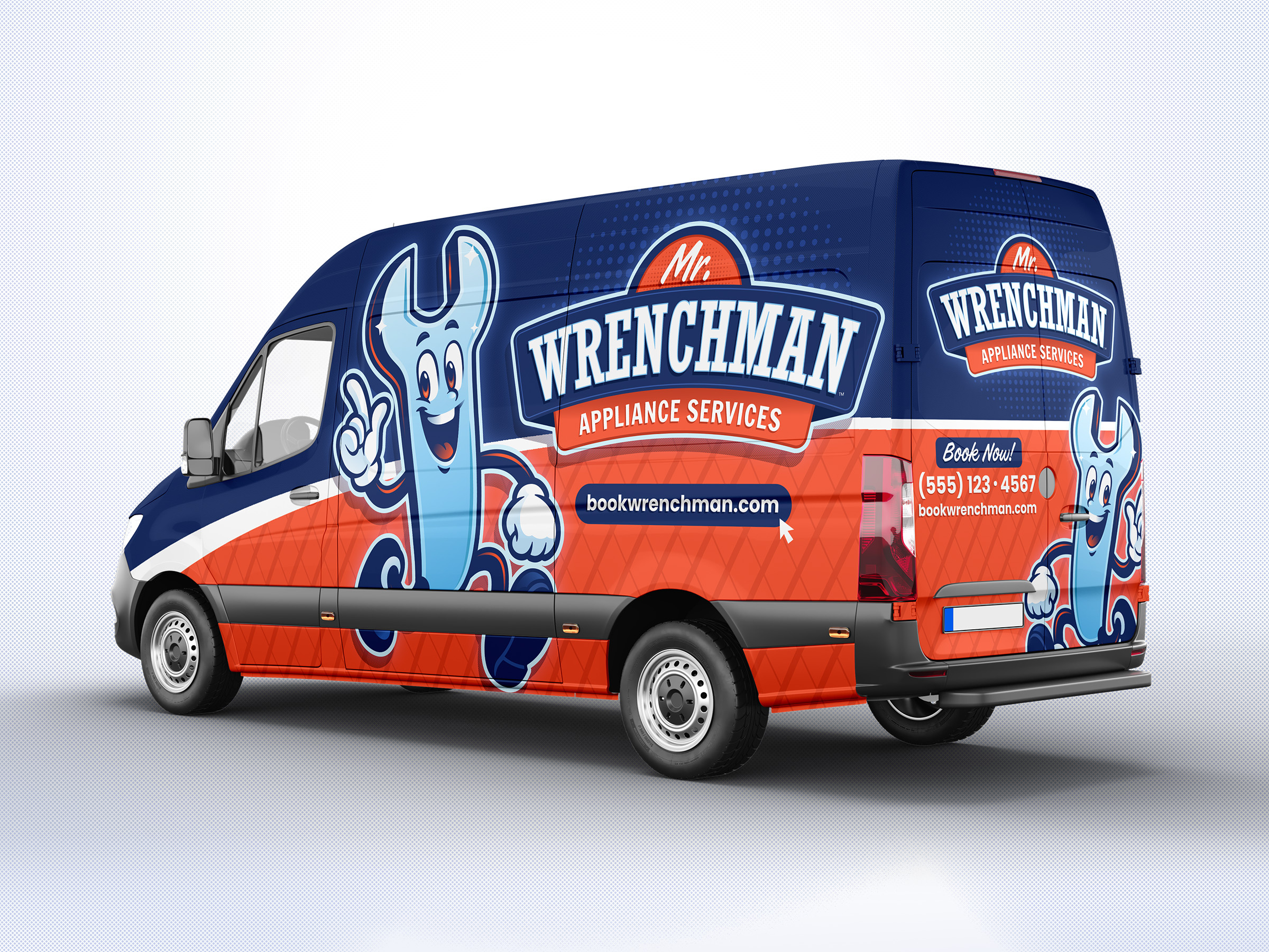 Mr. WRENCHMAN Appliance Services appliance bold branding cartoon home service hvac illustration logo mascot plumbing van wrap vehicle wrap