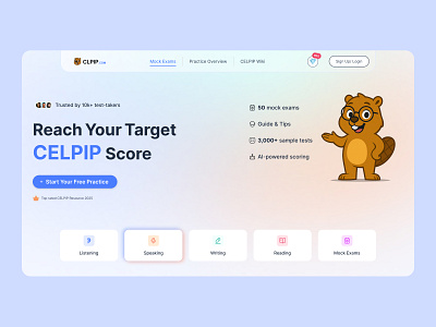 AI-Powered Test Practice ai beaver celpip comment design exam feedback illustration insight minimal mock test plan practice prepare pricing test ui ux