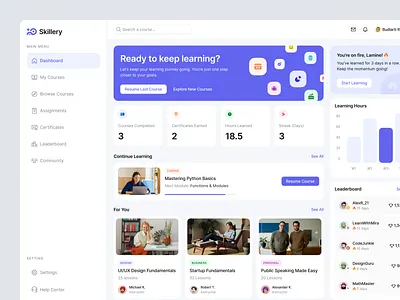 Online Course Dashboard certificates chart clean course dashboard home page leaderboard learn learning minimal modern online product saas saas design ui design ux design