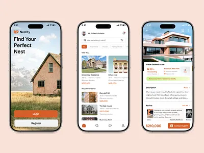 Nestify – Property Listing Apps building buy buy home figma home homepage listing mobile mobile app mobile design modern orange product detail property real estate simple uiux