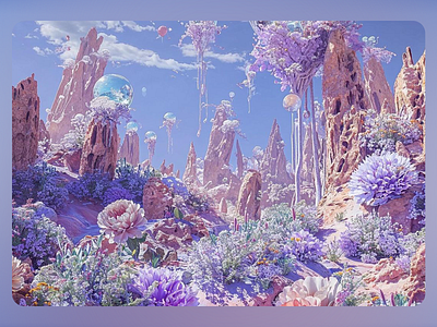 Serene Crystal Grove 3d 3d art 3d composition 3d fantasy 3d fantasyland 3d visual abstract bubbles fantasyland floral floral elements floral fantasy illustration inspire lavender nature nature inspired trees
