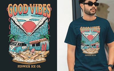 FENWICK SURF CO apparel badge beach branding clothing commision digital art drawing graphic design holiday illustration illustrator logo product design retro screenprint surfing vacation vintage wave
