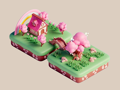 Rainbow Bridge Hamlet 3d 3d abstract 3d art 3d art work 3d bridge 3d grasses 3d house 3d nature 3d trees 3d visual bridge cartoonish colorful fantasyland inspire nature pink pink trees playful whimsical house