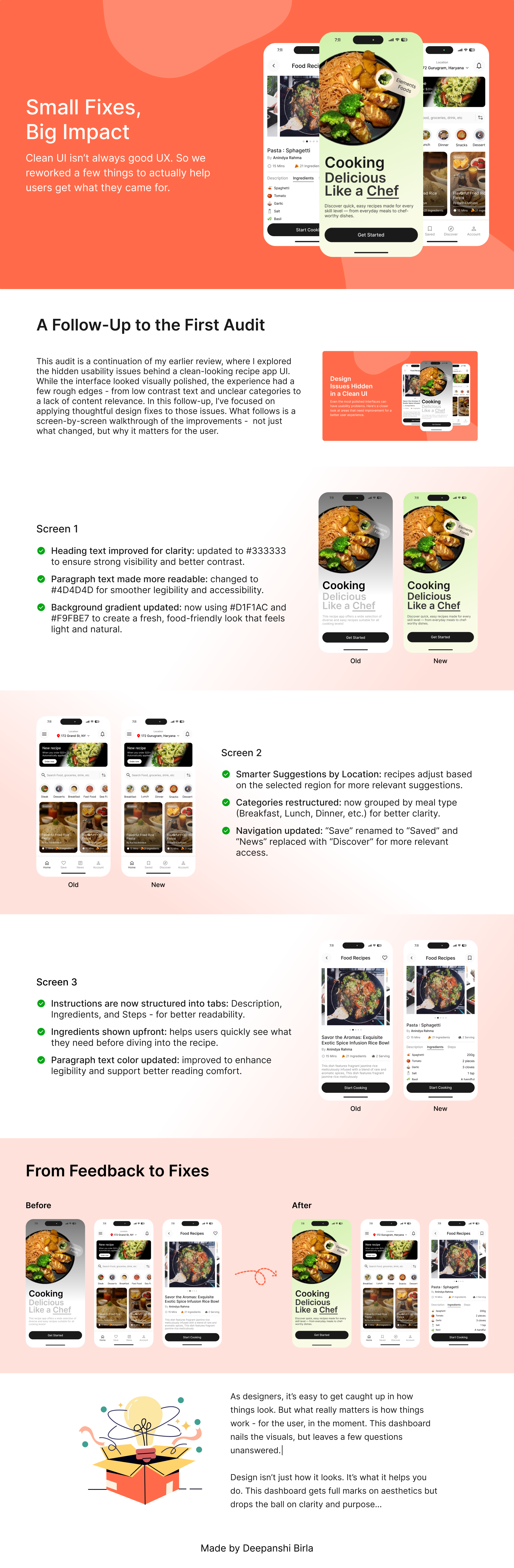 Recipe App UX Audit & Recommendations accessible design animation color contrast fix cooking app ui design case study design redesign food app design food discovery app ingredient list ui interaction design mobile app design onboarding ui product design recipe app ui design ux audit