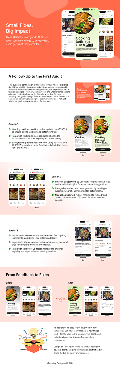 Recipe App UX Audit & Recommendations accessible design animation color contrast fix cooking app ui design case study design redesign food app design food discovery app ingredient list ui interaction design mobile app design onboarding ui product design recipe app ui design ux audit