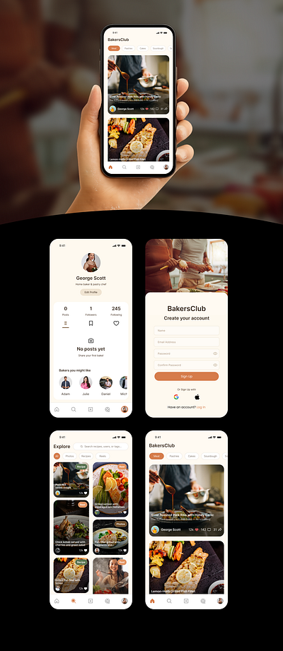 BakersClub – Mobile App UI for Food Creators baker food light mobile modern network recipe recipes social ui