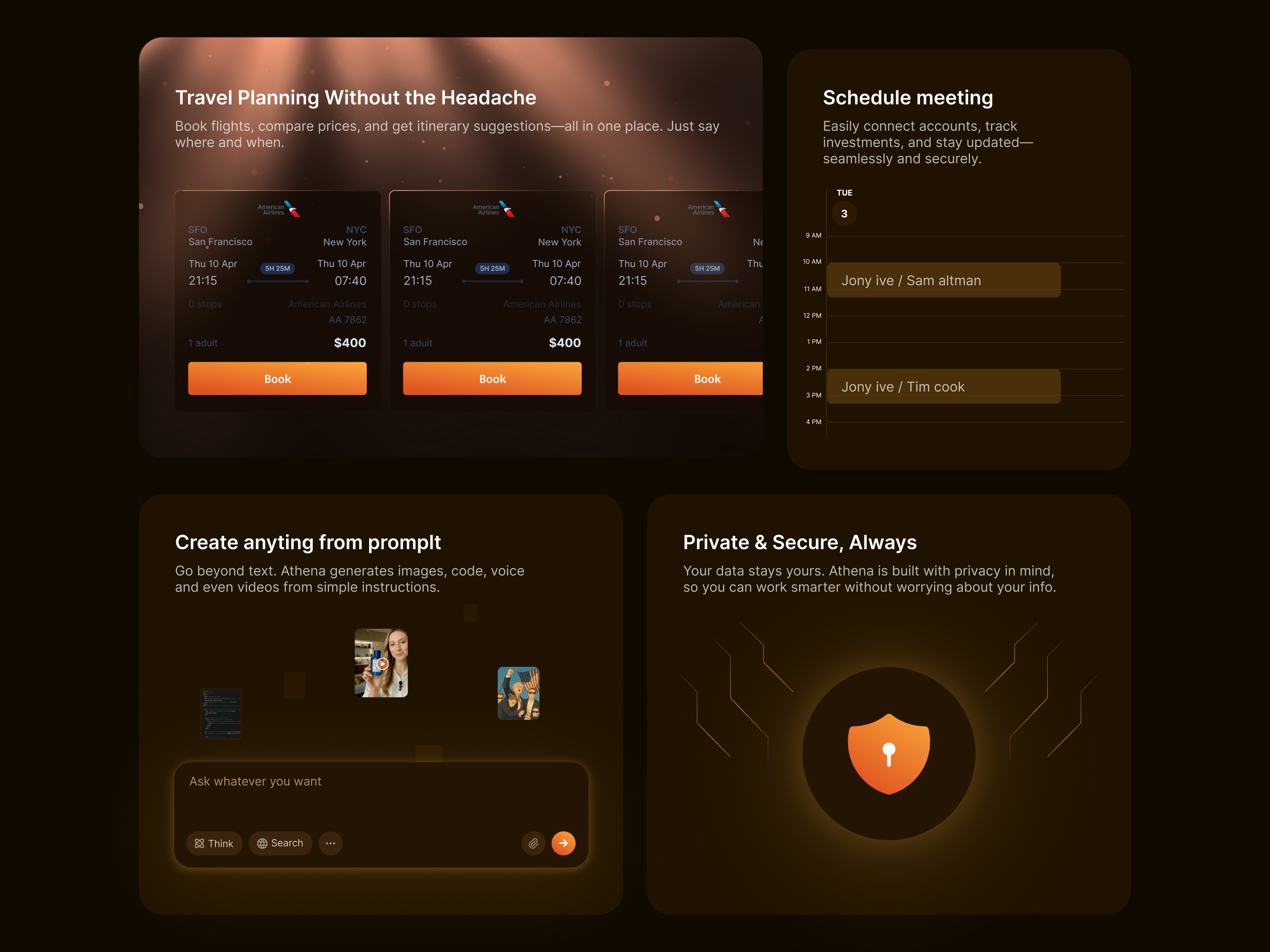 Athen - features ai app bento bentogrid booking design flight graphic design icon illustration inspiration prompt ui web website