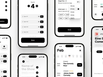 Comedy App book calendar event list spot ui white