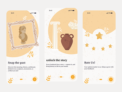 On Boarding Sample ai guide app app ui art artist camera graphic design guide history location mobile ui museum on boarding photo sculptor ui ui design yellow