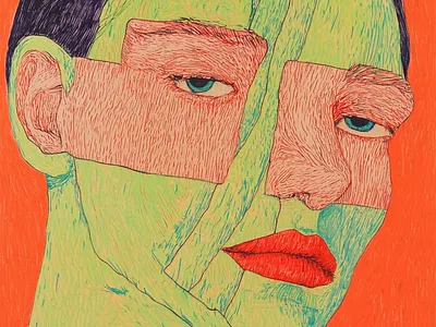 Vivid Lines Experimental Portrait Retro Vintage art background creepy design experimental geometric grunge grunge art handmade illustration line work man modern art odd patterns portrait retro shapes textured weird
