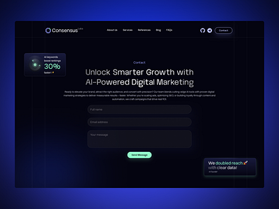 Contact Page for AI Company Website ai aiwebsite aurora blockchain contactpage darkmode digitalmarketing figma hero landing landingpage successsmessage ui ui design