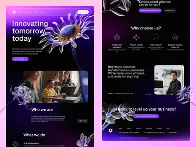 Brightbyte - Website Design Exploration 3d about us abstract agency dark mode design desktop elegant flower gradient home page landing page pink purple shape testimonial ui ui design ux website