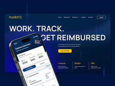 Manage Time & Costs with Ease – Hero UI Concept expenseapp figma hero block hero section productdesign timetracking uxui