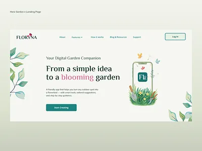 Updated Hero Section for a Smart Gardening App (Floryna) cases creative practice digitalgardening gardeningapp herosection landinpage productdesign uiux webdesign