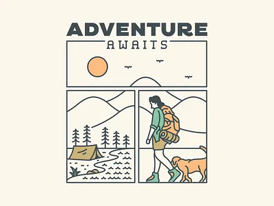 Adventure Awaits 1 adventure animal apparel backpacker camper camping dog hiking holiday monoline mountain national park nature outdoor summer t shirt design tent travel vacation wildlife