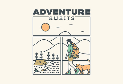 Adventure Awaits 1 adventure animal apparel backpacker camper camping dog hiking holiday monoline mountain national park nature outdoor summer t shirt design tent travel vacation wildlife