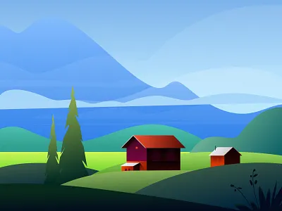 Hidden Village blue cloud design digital art digital illustration draw green illustration landscape mountain nature painting red rural sky tree vector vector illustration village wallpaper