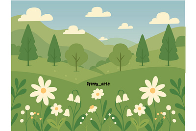 Scenic Landscape with Green Hills and Flowers background bloom countryside decoration floral flower forest hill landscape moon mountain nature ornament sky spring sun sunrise sunset trees woods