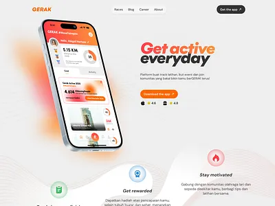 gerak landing page website redesign concept app clean design figma gradient graphic design grey illustration landing page light lines mobile orange run simple sport ui ux web white