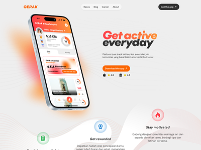 gerak landing page website redesign concept app clean design figma gradient graphic design grey illustration landing page light lines mobile orange run simple sport ui ux web white