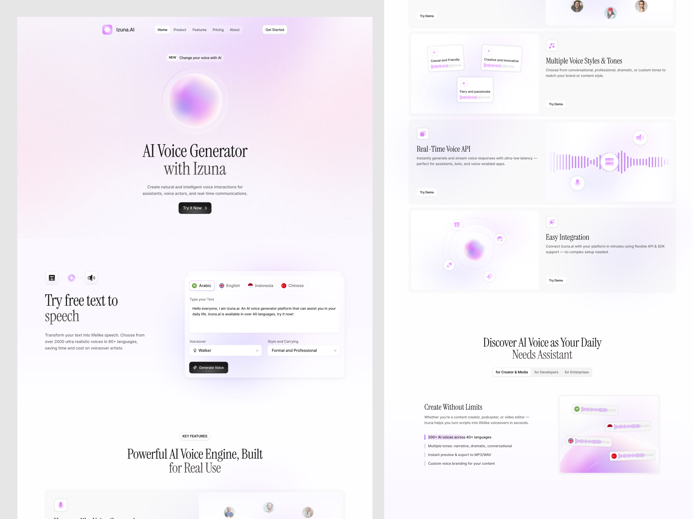 Izuna.AI - AI Voice Generator Lading Page ai ai voice generator artificial intelligence branding clean ui design generator gradient graphic design landing page platform siri text to voice typography ui ui ux design ux voice