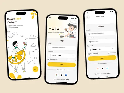 Food App – Onboarding & Login Screens appdesign cleanui delivery app ui food app design food app ux food ordering app foodapp foodies inspiration loginscreen minimaldesign mobileapp online food app productdesign recipeapp restaurant app restaurant ux signup ui uxdesign