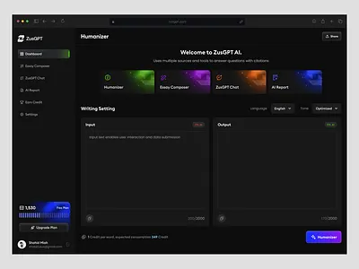 ZusGPT - AI Writing Detector Dashboard | SaaS UI Design admin ai detector ai tool analytics artificial intelligence chart dark mode dark ui data graph minimal design product design saas saas ai saas dashboard ui ui design ux wavespace writing tool
