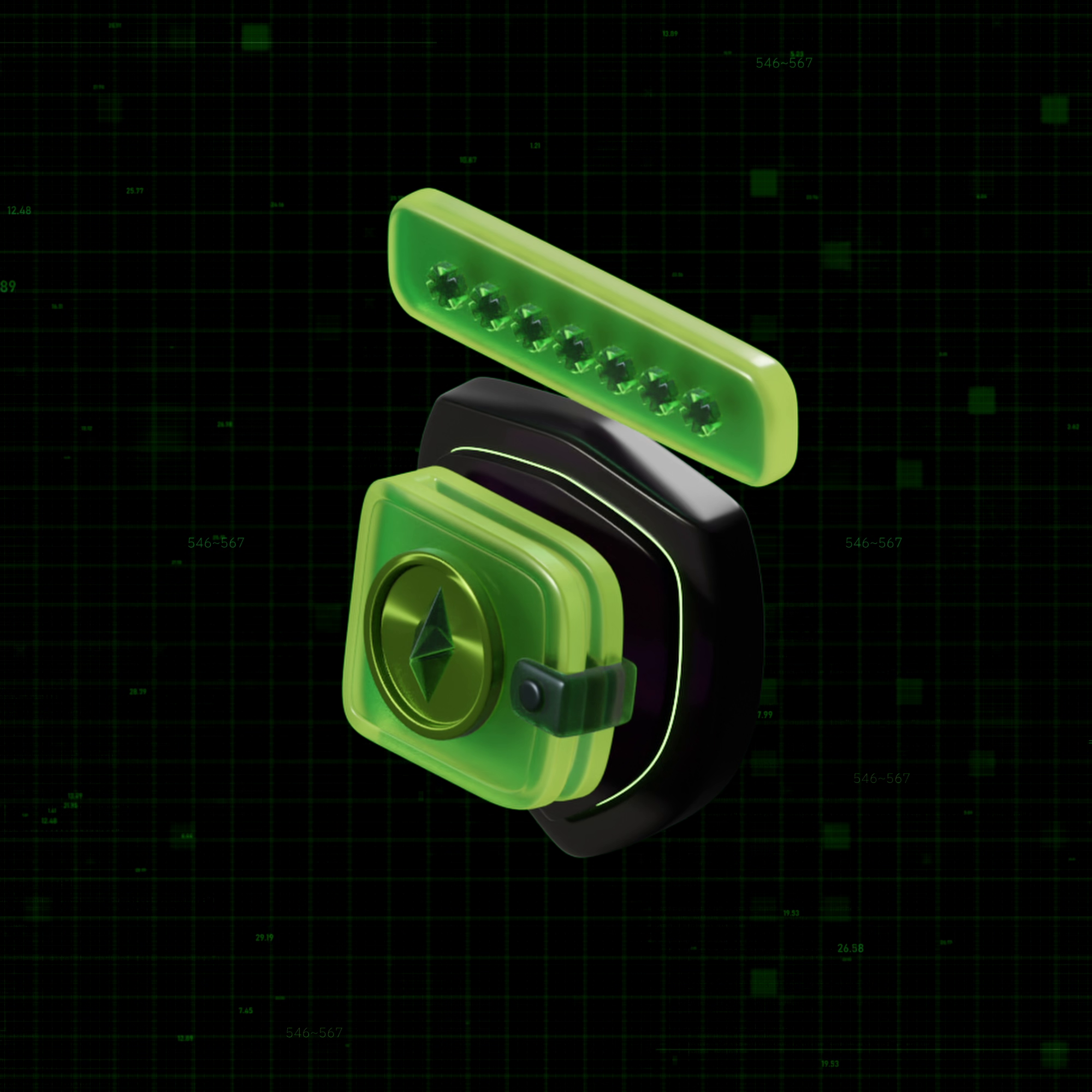 3D Animation - Secure ETH Wallet 3d 3d art blender crypto coins dark design glass green illustration isometric art motion graphics neon shield