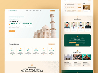 Masjid Al Barakah — Islamic Center Website charity website cleanui dribbbleshots fund raising website islamic website design islamiccenterdesign islamicwebsite masjiddesign mosquewebsite muslimcommunity spiritualdesign ui design ui ux design webdesign