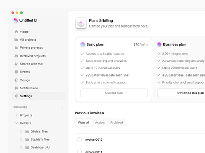 Plans & billing — Untitled UI billing plans pricing cards product design settings sidenav table ui design user interface