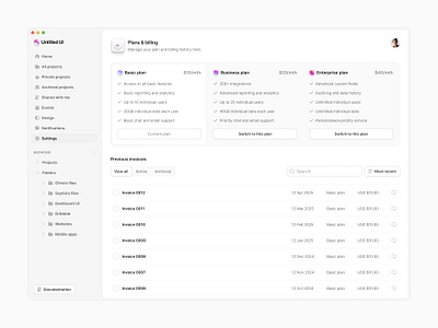 Billing settings page — Untitled UI billing plans pricing cards pricing page product design settings page table ui design user interface
