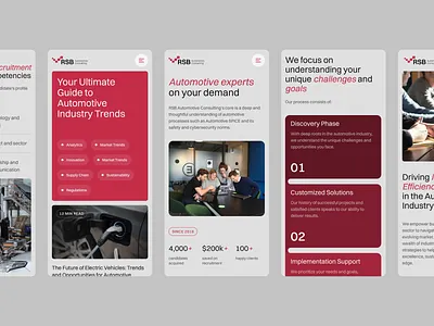 Mobile UI for Automotive Consulting 🚗📲 about us automotive blog cards cars clean features landing light mobile modeern outsourcing recruitment red screens showcase ui webdesign webflow