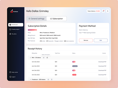 SEO Subscription & Usage Dashboard analytics ctrboost dashboard interface invoices product design saas seo subscription ui ux