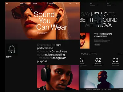 NOVA — Dark Ecommerce Landing Page for Wearable Audio, UI des 3drender darkmode dribbblepopular dribbbleweeklywarmup ecommerce editorialdesign freelancedesigner headphones landingpage productdesign service techwear typography ui uidesign ux uxdesign wearables webdesign webui