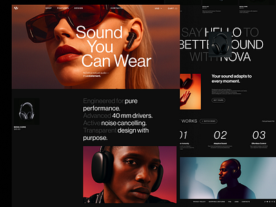 NOVA — Dark Ecommerce Landing Page for Wearable Audio, UI des 3drender darkmode dribbblepopular dribbbleweeklywarmup ecommerce editorialdesign freelancedesigner headphones landingpage productdesign service techwear typography ui uidesign ux uxdesign wearables webdesign webui