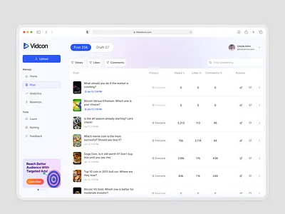 🎥 Vidcon – Video Content Management Dashboard cms content management system dashboard saas streaming tiktok upload ux vertical video video video management web design