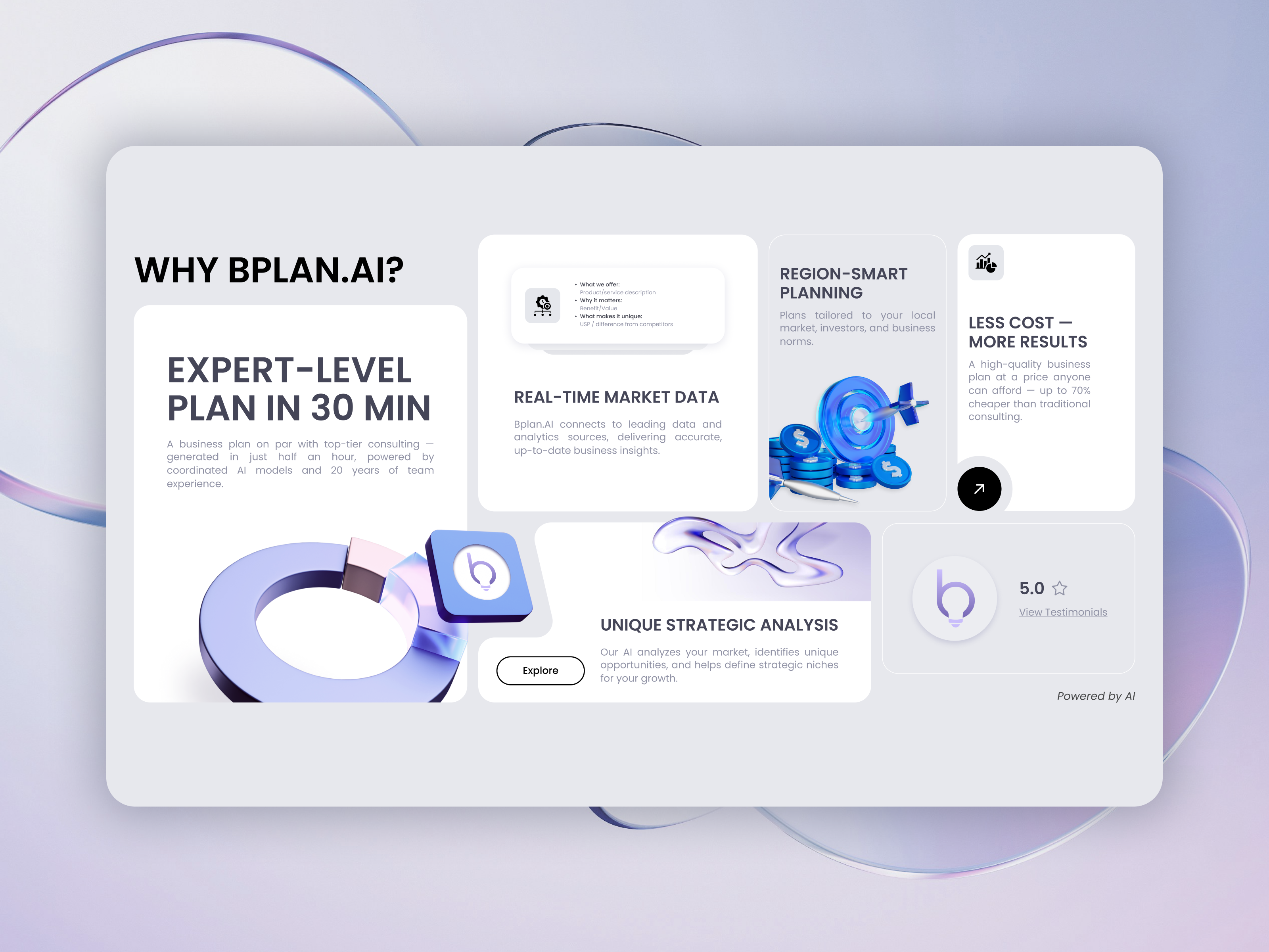 Bplan.ai | AI-powered business plan generator | Bento Design 3d illustration ai platform bento design landing page uxui web design