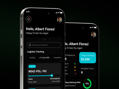RapidWings Logistics UI – Dark Mode Tracking App appui clean courierapp dark deliverytracking design logistics logisticsapp mobileappdesign modernui trackingapp ui uiuxdesign userinterface