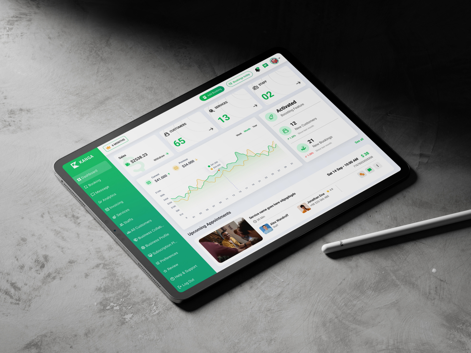 Kanga Booking Dashboard - Simplifying Appointment Management annalytics dashboard appointment booking branding dashboard design dashboard ui green kanga dashboard multi service netro netrosystems online booking saas sartup service booing smart booking tech solution trending uiux user interface