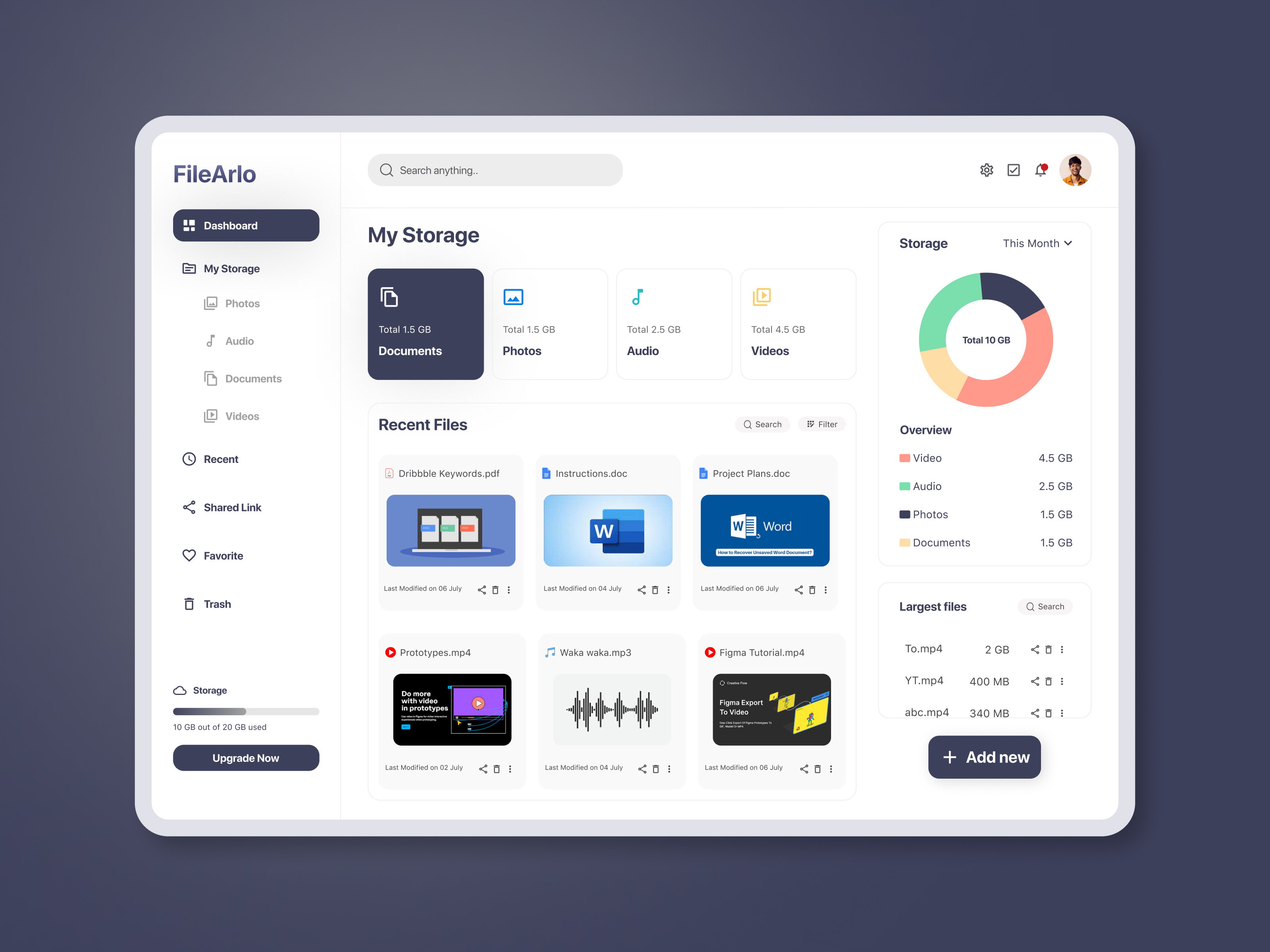 File Arlo - A User-Centric File Management Dashboard admin dashboard cloude storage crm dashboard dashboard design dashboard ui document file file management file management system file share files minimalistic saas share storage ui upload web application web page