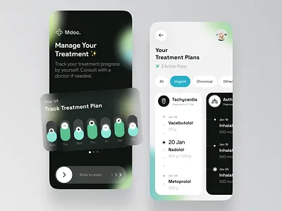 Healthcare Mobile App blur dark doctor get started med medical minimalisitc onboarding patient plan timeline treatment ui