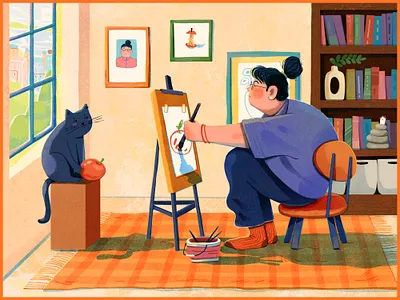 Drawing an apple apple art artist calm cat character draw drawing girl home house illustration illustrator lady paint people room storytelling uran warm