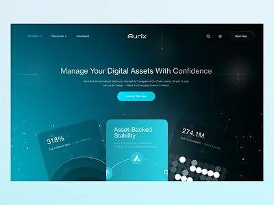 Aurix — Stablecoin Website Design for Web3 Finance bitcoin blockchain coins crypto dark theme decentralized defi digital finance fintech futuristic landing modern solana stablecoin ui ux wallet web3 website