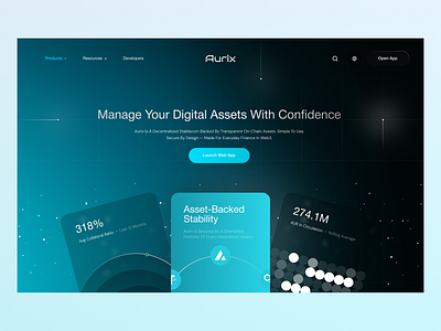 Aurix — Stablecoin Website Design for Web3 Finance bitcoin blockchain coins crypto dark theme decentralized defi digital finance fintech futuristic landing modern solana stablecoin ui ux wallet web3 website
