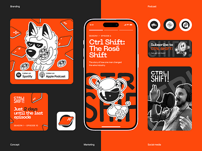 CTRL SHIFT! Podcast Branding banners branding concept design episodes illustrations interface logotype mobile app podcast podcasting social media sound spotify startup streaming typography ui ux visual identity