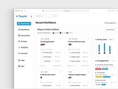 AI-Powered Workflow Dashboard for Content Teams ai dashboard ai tool animation automation clean design dashboard dashboard ui graphic design minimal design modern design product design saas software software product statistics uiux ux design web app web design web ui