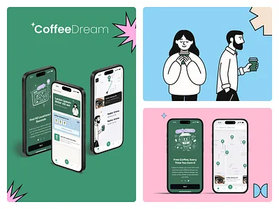 Coffee shop loyalty app blue coffee coffee app coffee shop design graphic design green illustration line illustrations loyalty loyalty app minimal minimal illustrations pink